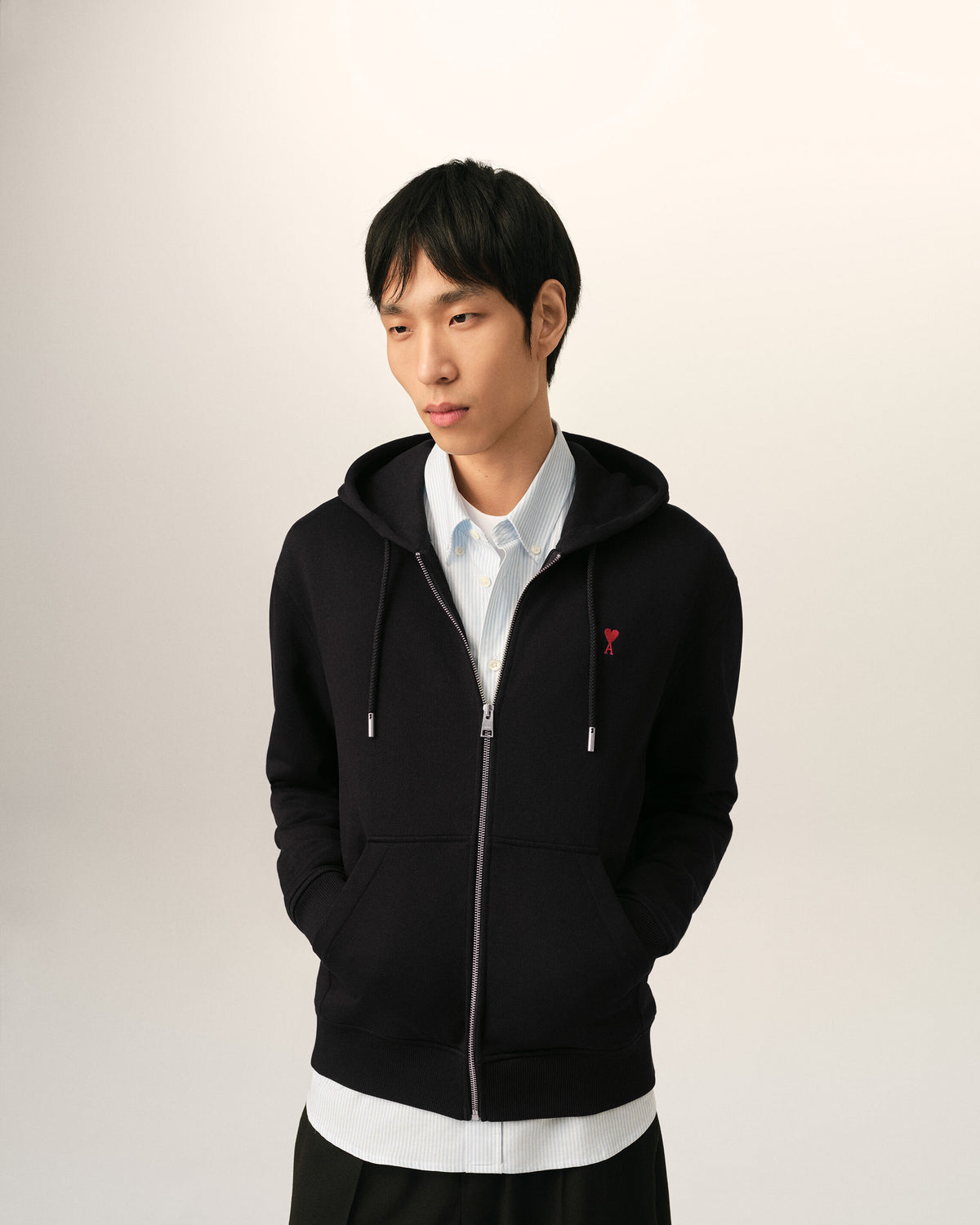 Black zipped cotton hoodie with Ami de Coeur - 2