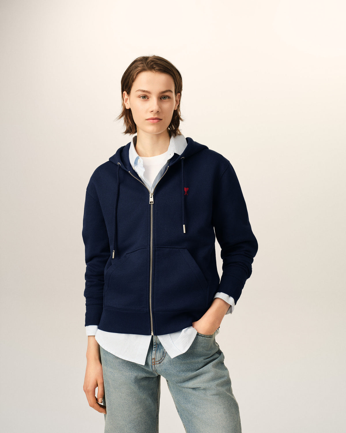Blue zipped cotton hoodie with Ami de Coeur - 8