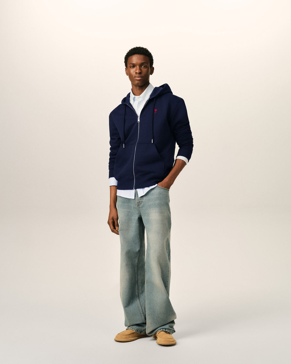 Blue zipped cotton hoodie with Ami de Coeur - 3
