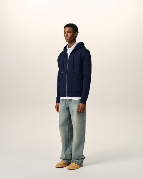 Blue zipped cotton hoodie with Ami de Coeur - Man - 6 - AMI Paris - Ami Paris