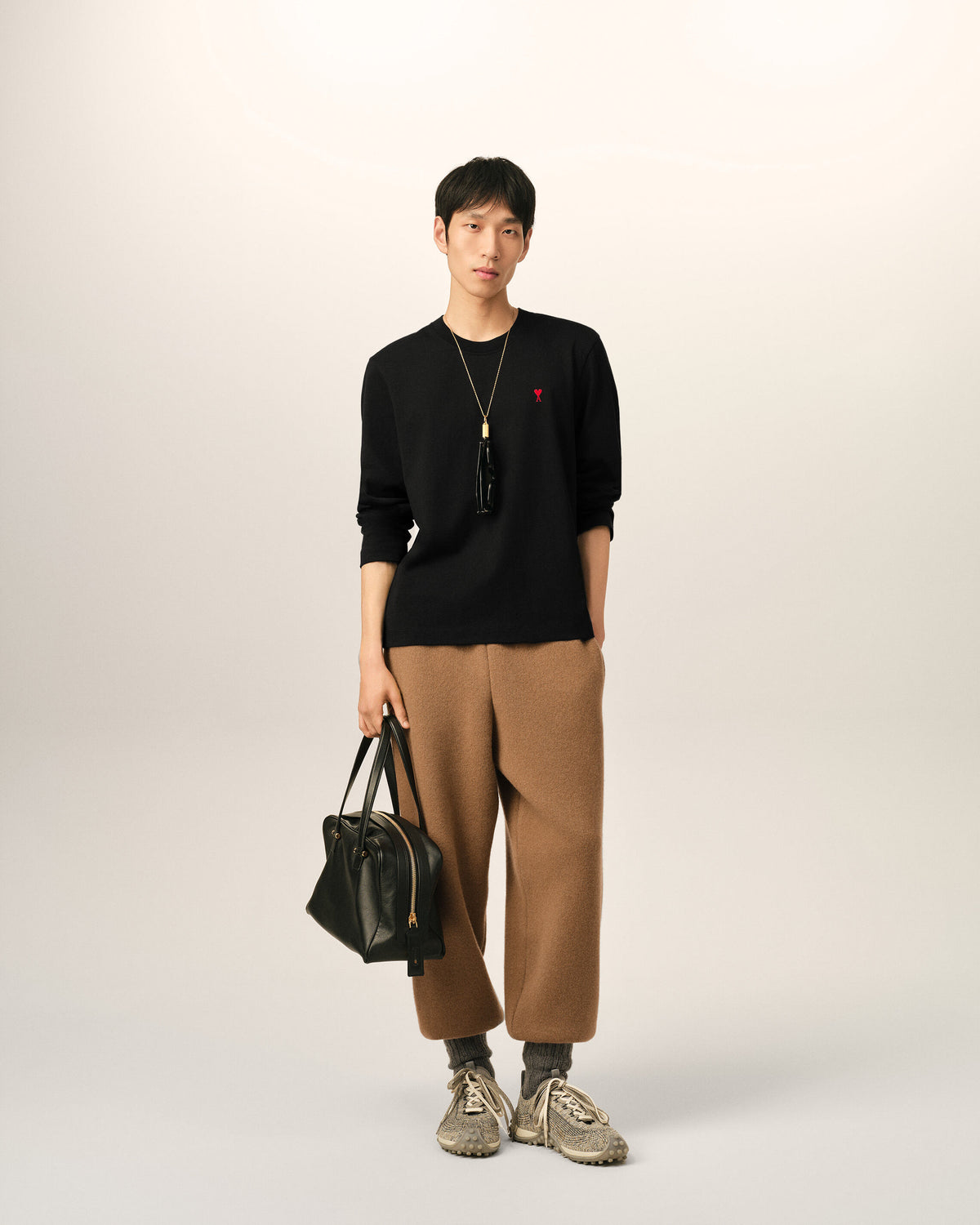 Black Cotton longsleeves t-shirt with Ami De Coeur - 3
