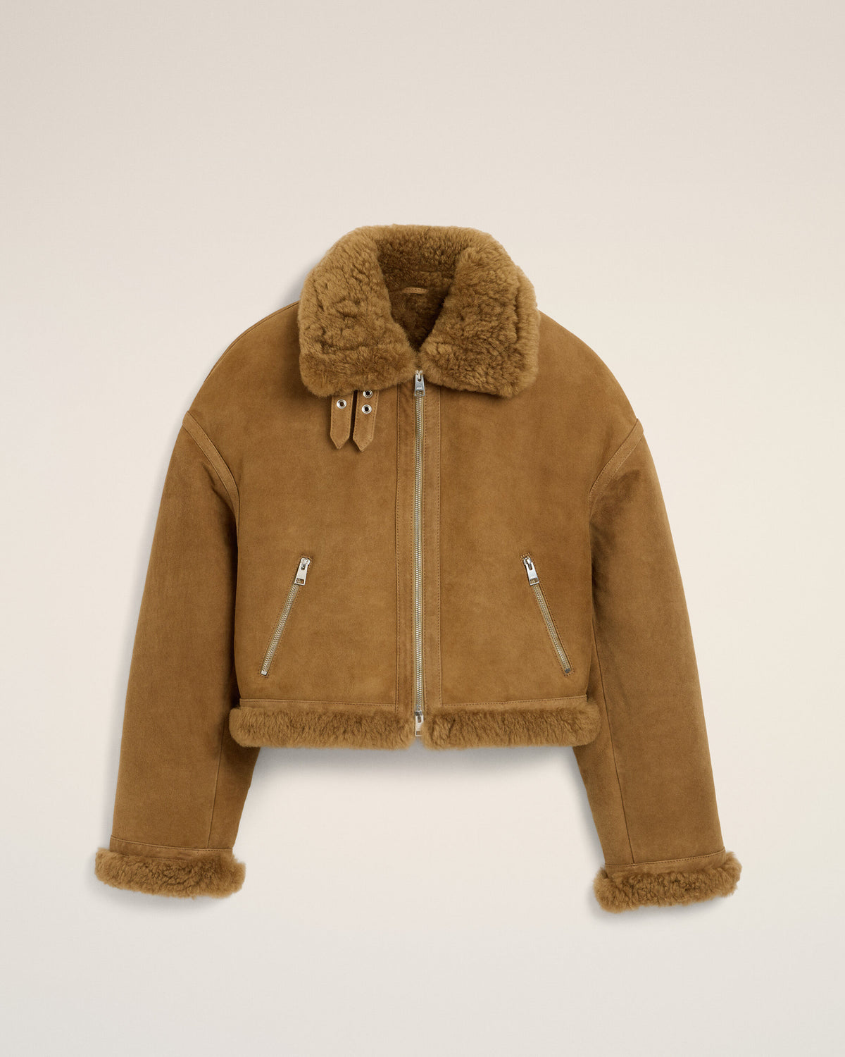 Blouson aviateur marron en shearling de mouton - 1