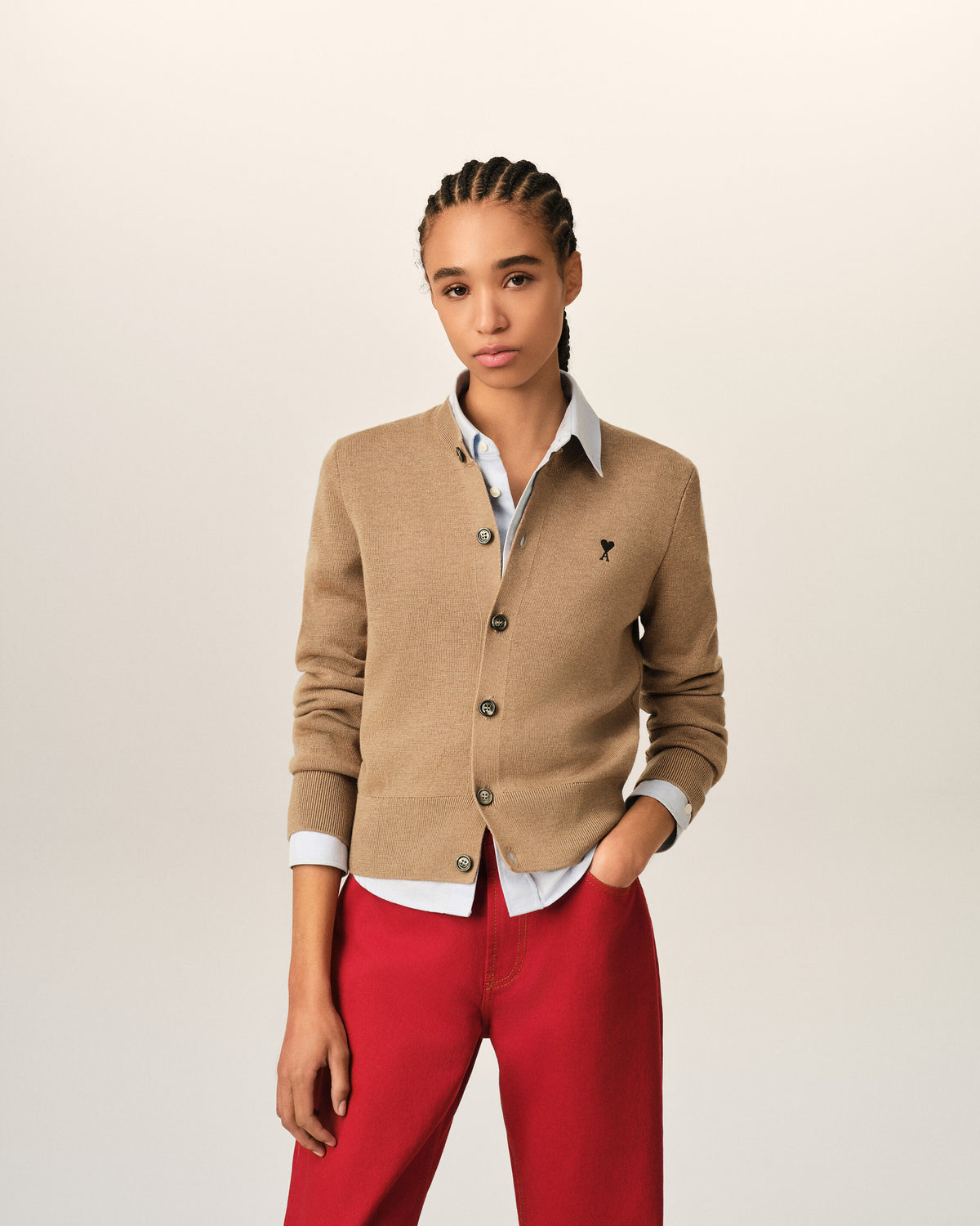 Beige crewneck wool cardigan with Ami de Coeur - 2