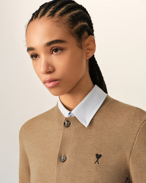 Beige crewneck wool cardigan with Ami de Coeur - Woman - 4 - AMI Paris - Ami Paris