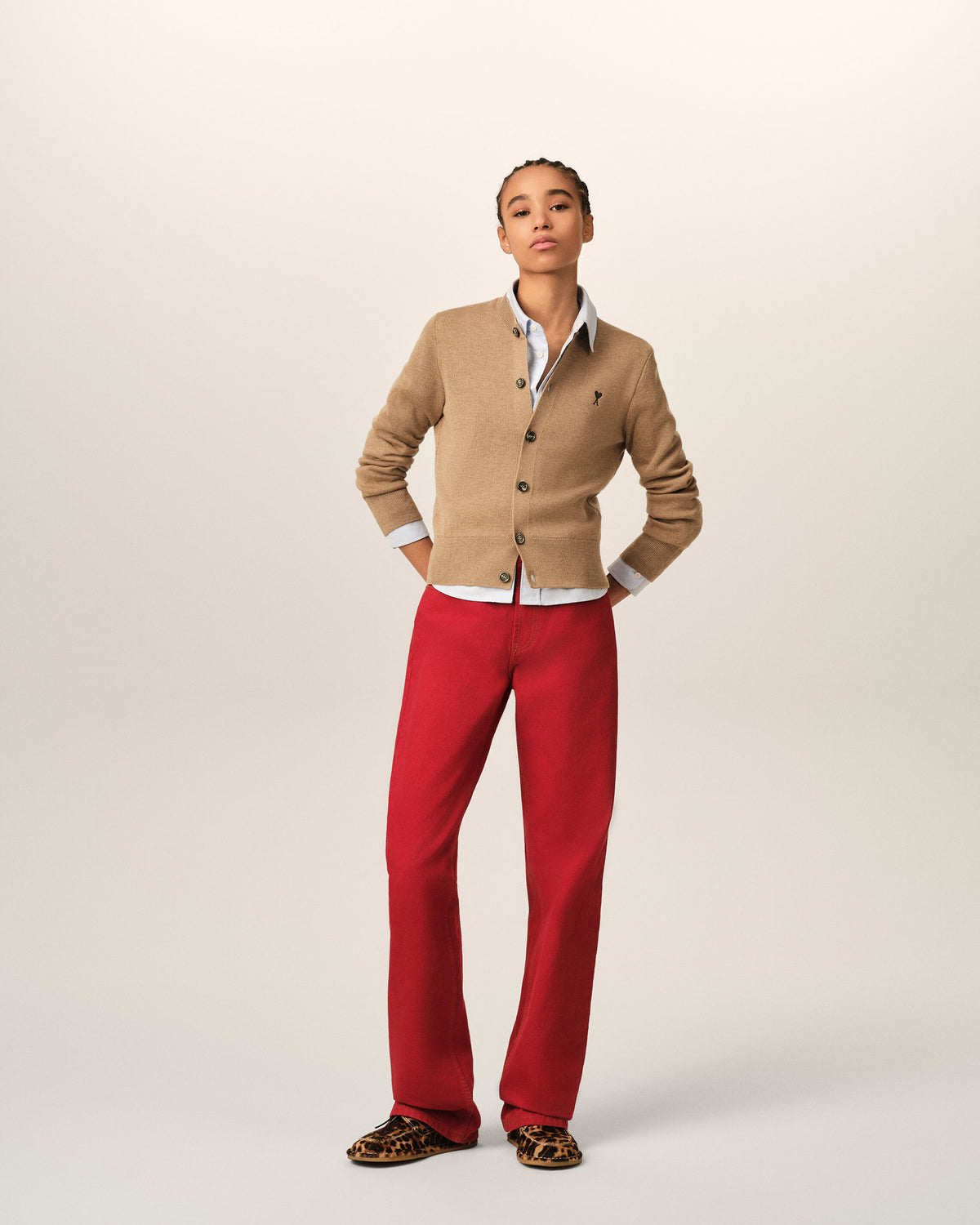 Beige crewneck wool cardigan with Ami de Coeur - 3