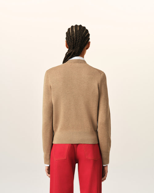 Beige crewneck wool cardigan with Ami de Coeur - Woman - 5 - AMI Paris - Ami Paris
