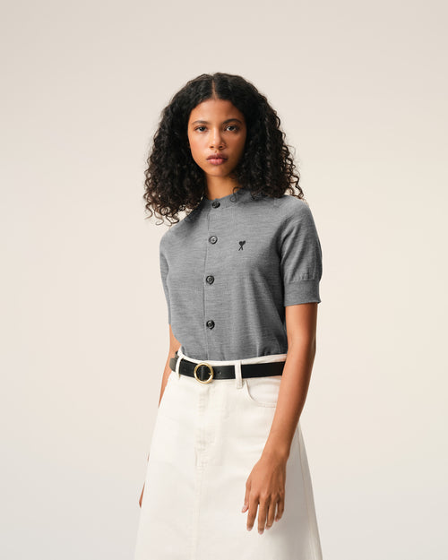 Grey Wool Short Sleeves Ami De Coeur Cardigan - Woman - 3 - AMI Paris - Ami Paris