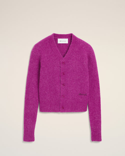 Purple wool and alpaca cardigan with Ami embroidery - FUCHSIA - Ami Paris