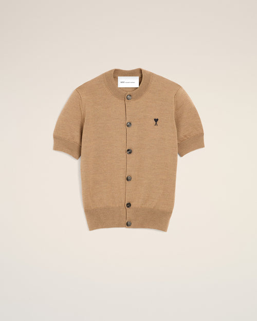 Brown wool short-sleeve cardigan with Ami de Coeur - Woman - 1 - AMI Paris - Ami Paris