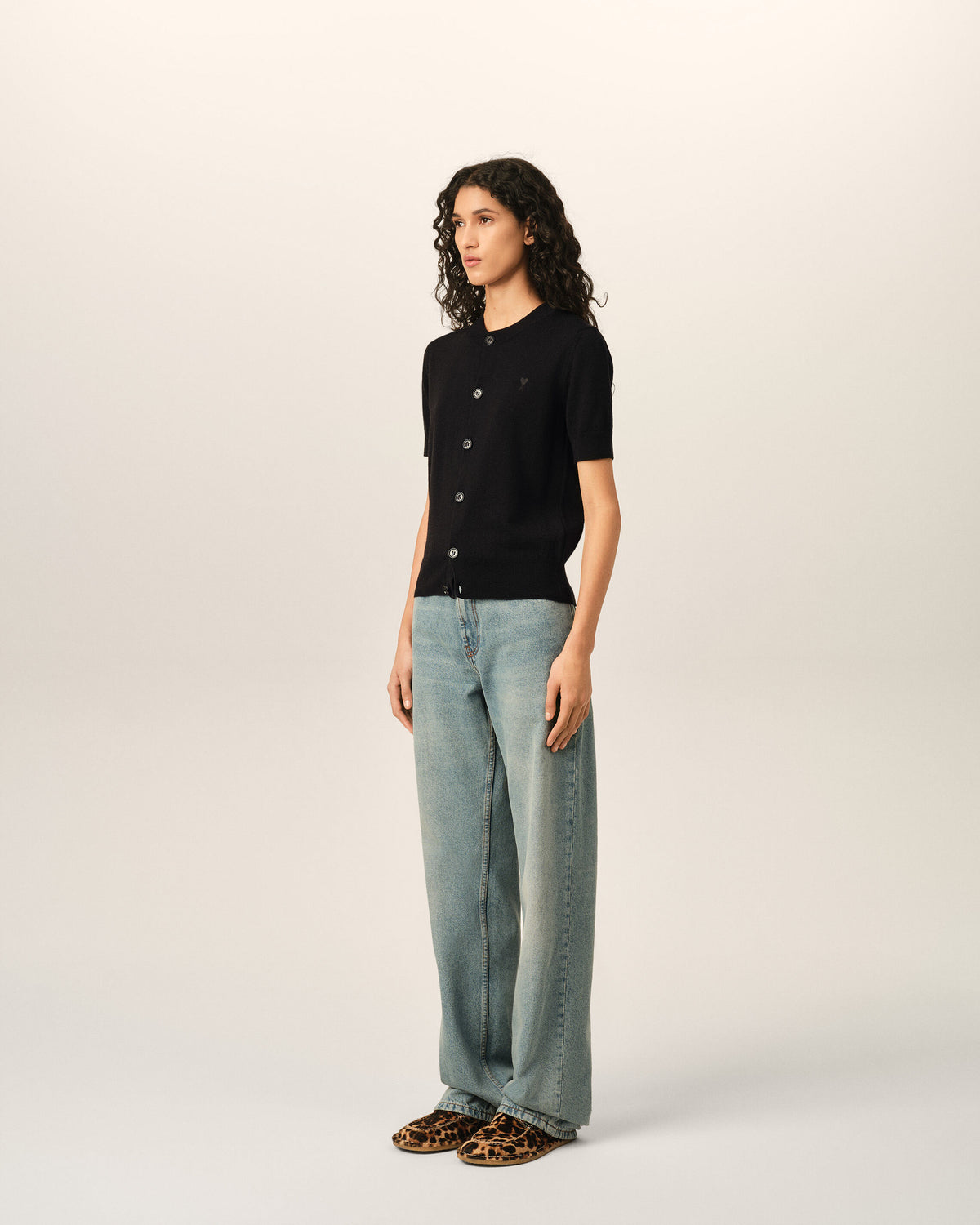 Black wool short-sleeve cardigan with Ami de Coeur - 6