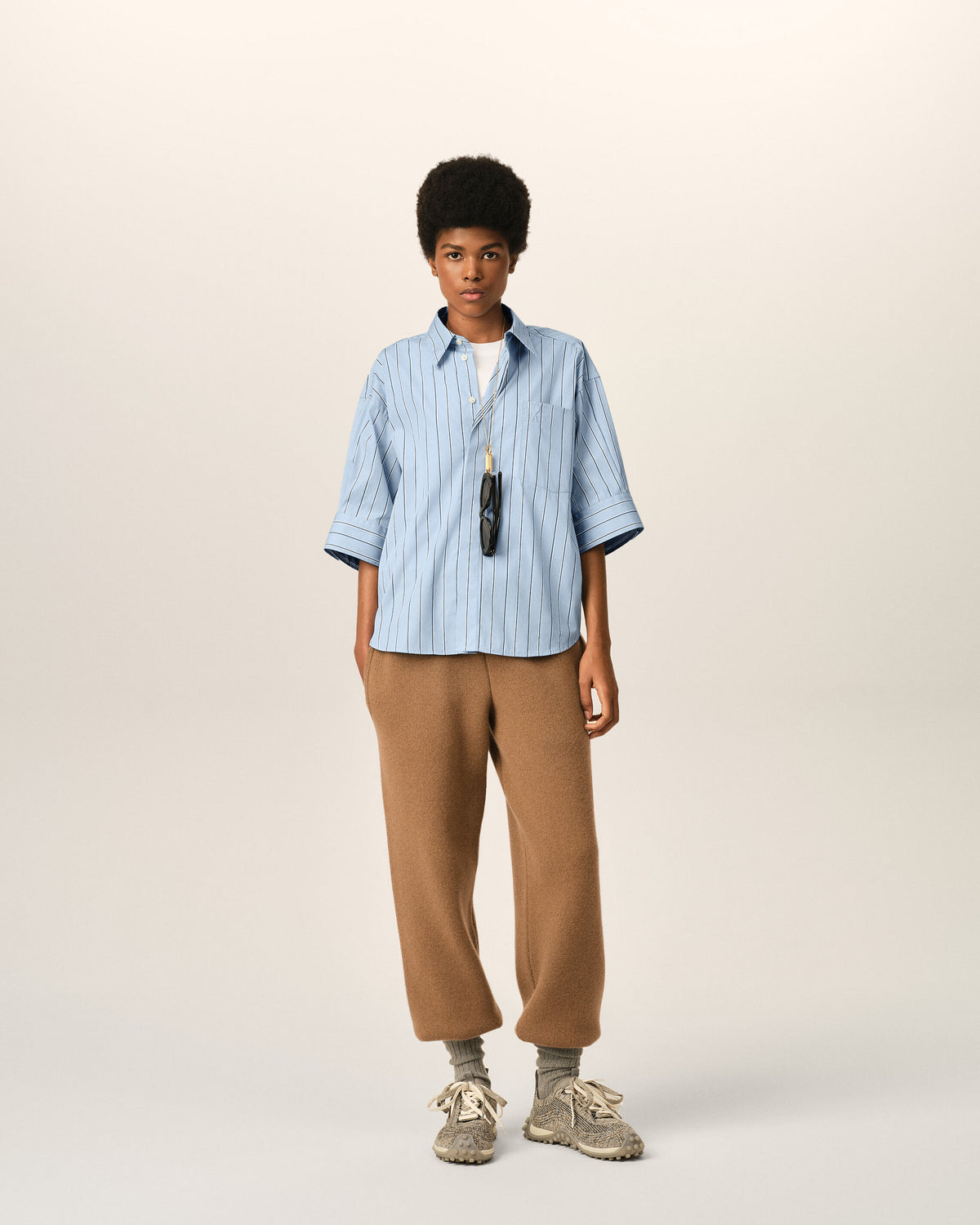Blue large striped cotton short-sleeve shirt with embossed logo - 3