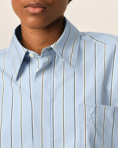 Blue large striped cotton short-sleeve shirt with embossed logo - Woman - 4 - AMI Paris - Ami Paris