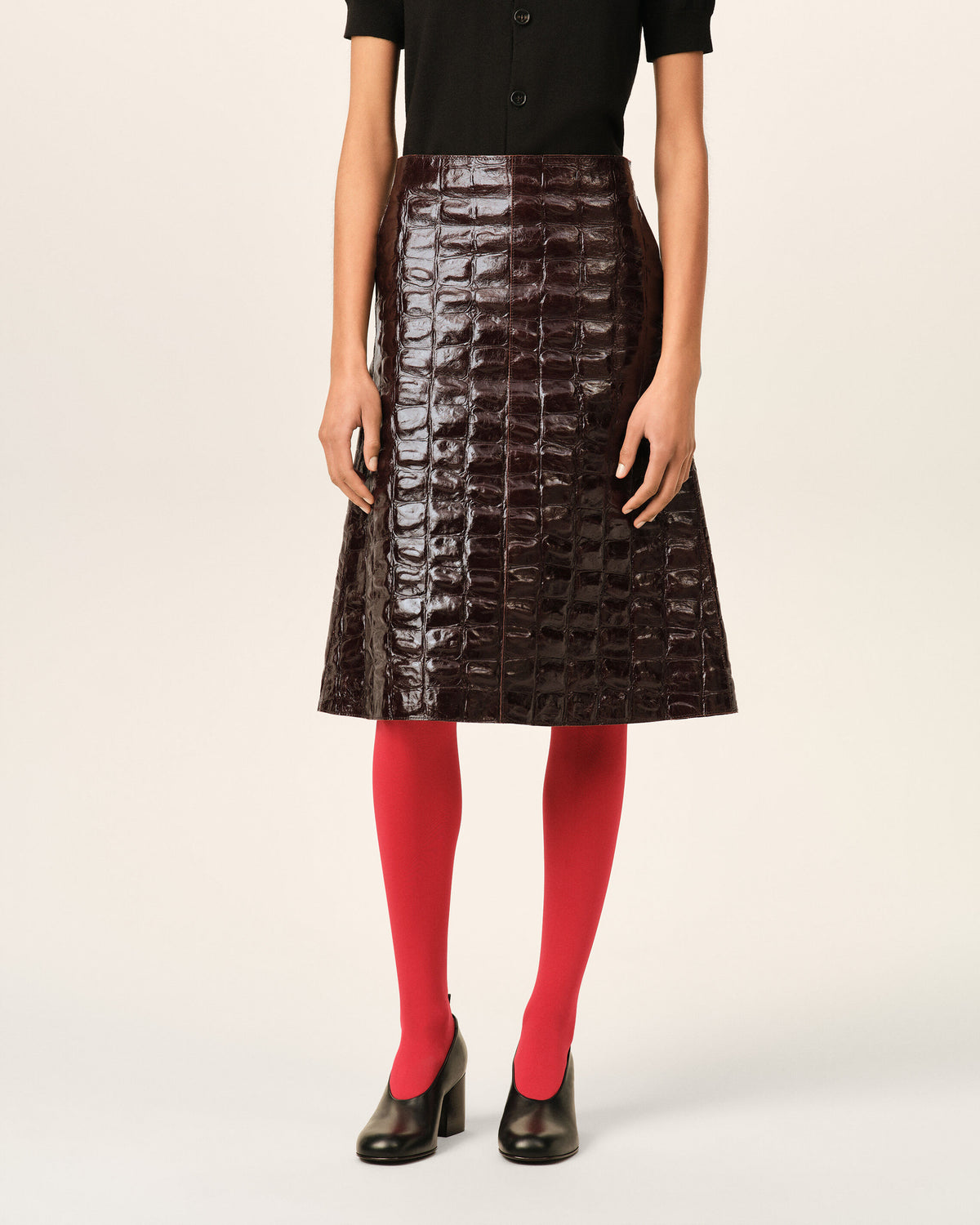 Burgundy midi cowhide leather skirt - 3