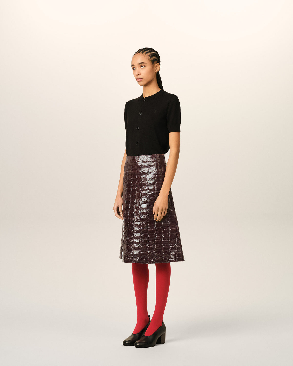 Burgundy midi cowhide leather skirt - 6
