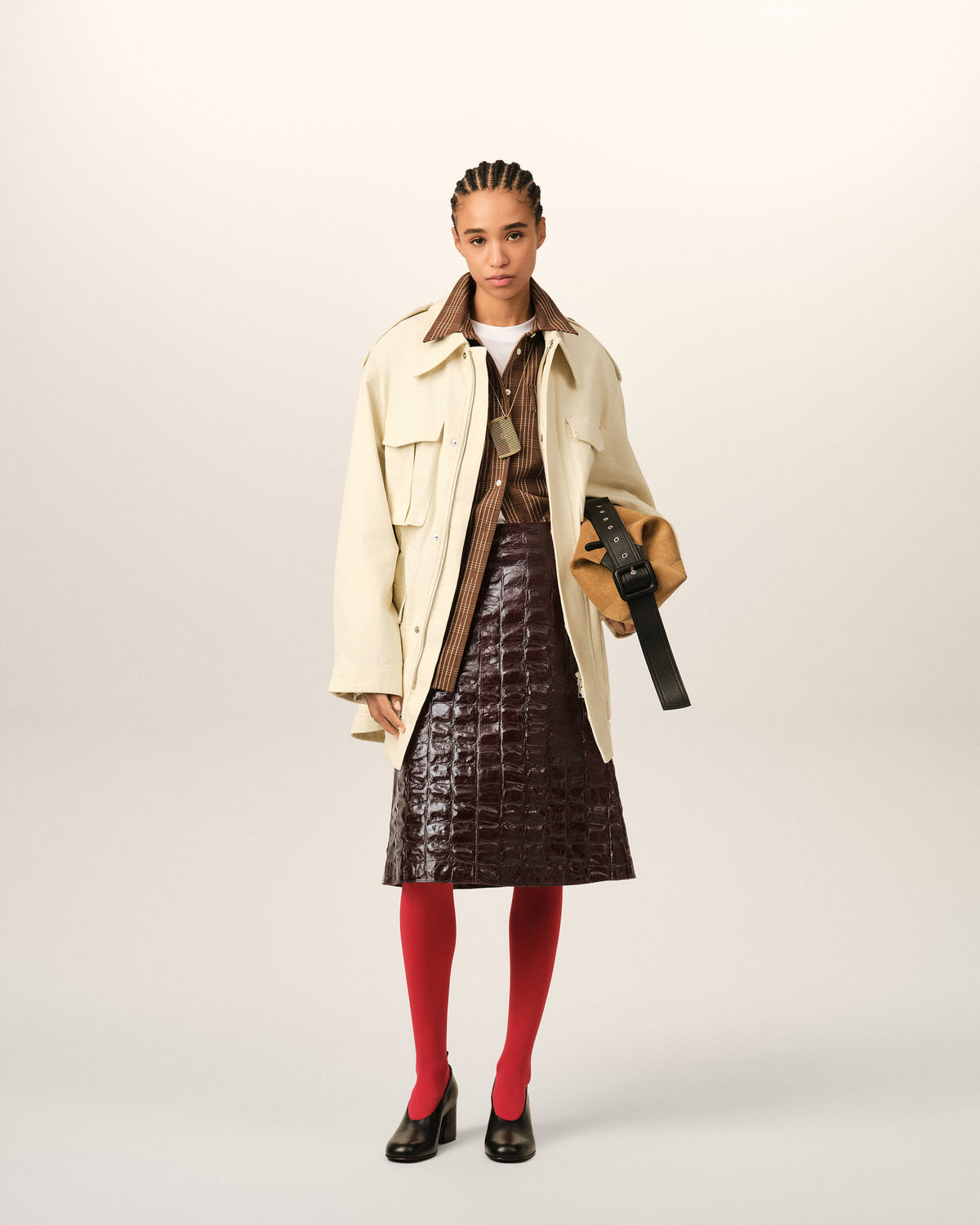Burgundy midi cowhide leather skirt - 2