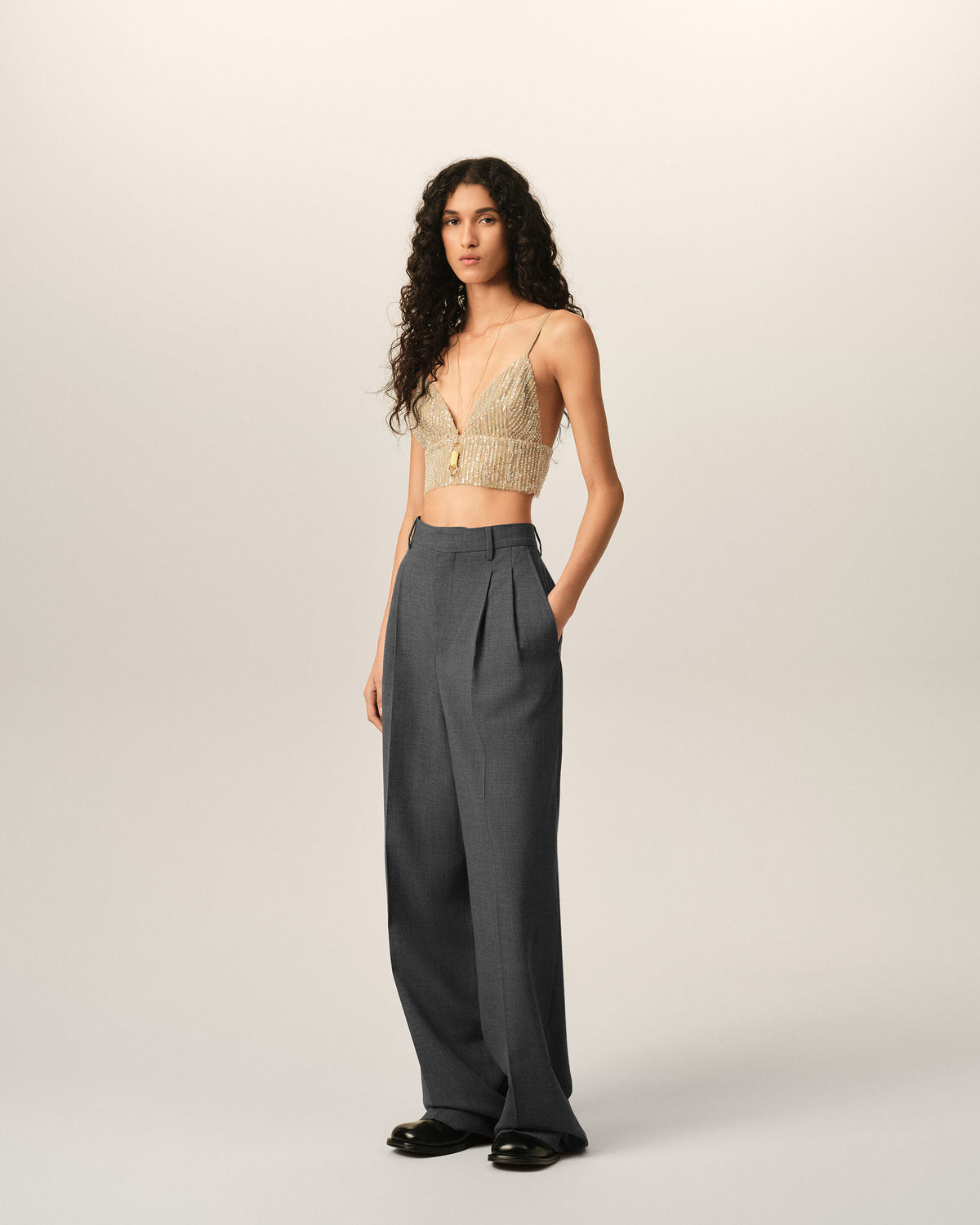 Pantalón ancho de lana gris de talle alto - 6