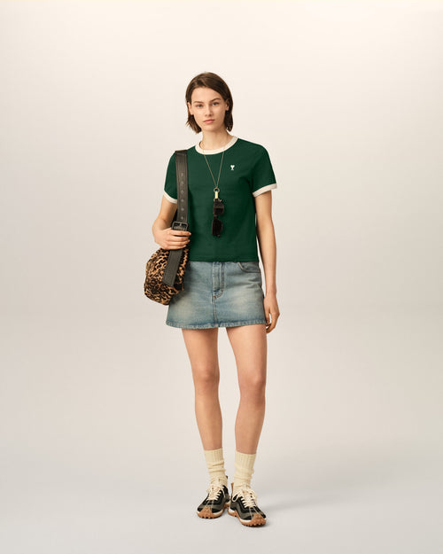 Green contrasted cotton t-shirt with Ami de Coeur - Woman - 3 - AMI Paris - Ami Paris