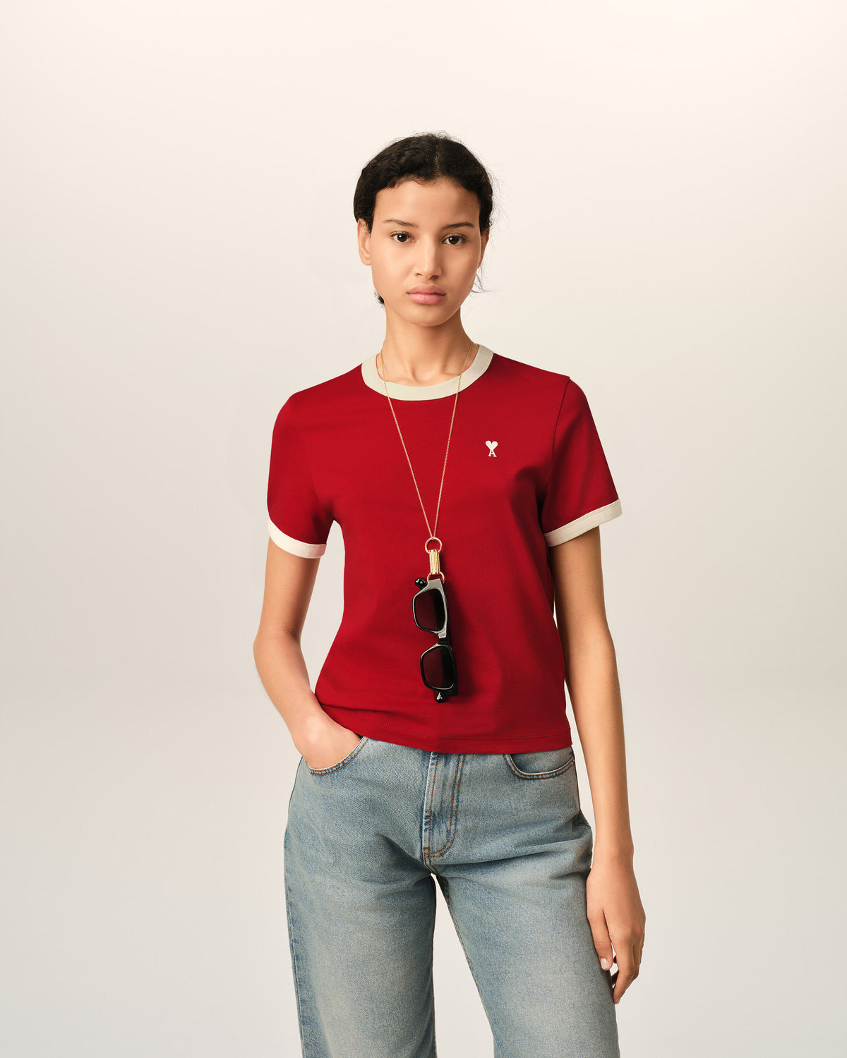 Red contrasted cotton t-shirt with Ami de Coeur - 2