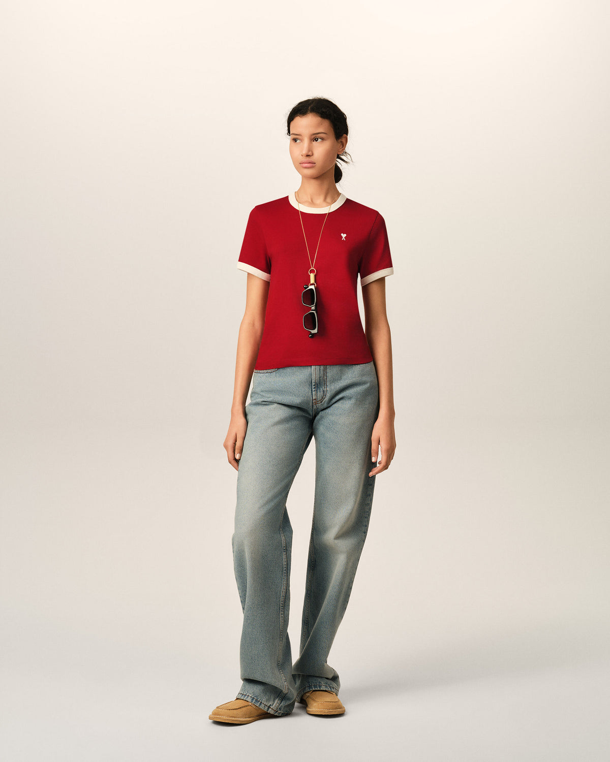 Red contrasted cotton t-shirt with Ami de Coeur - 3