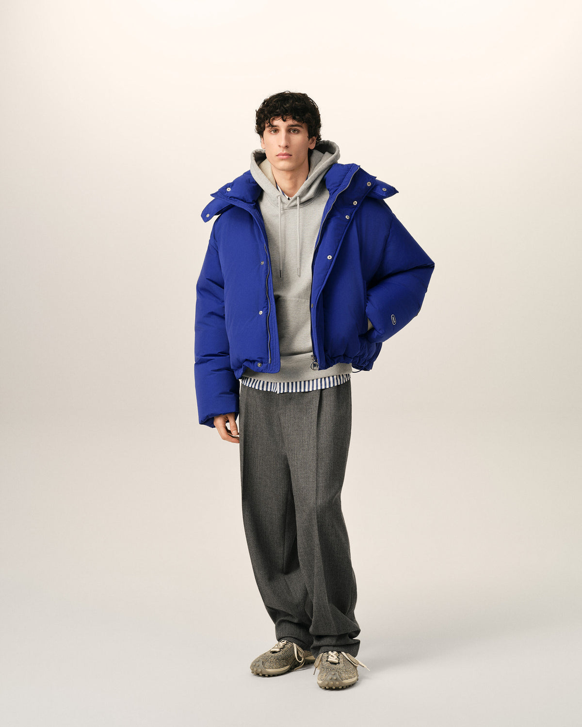 Blue hooded nylon and cotton down jacket with Ami de Coeur - 2