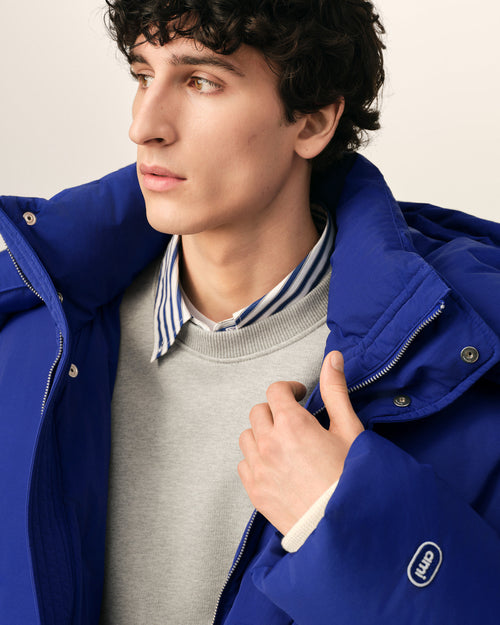 Blue hooded nylon and cotton down jacket with Ami de Coeur - Man - 4 - AMI Paris - Ami Paris
