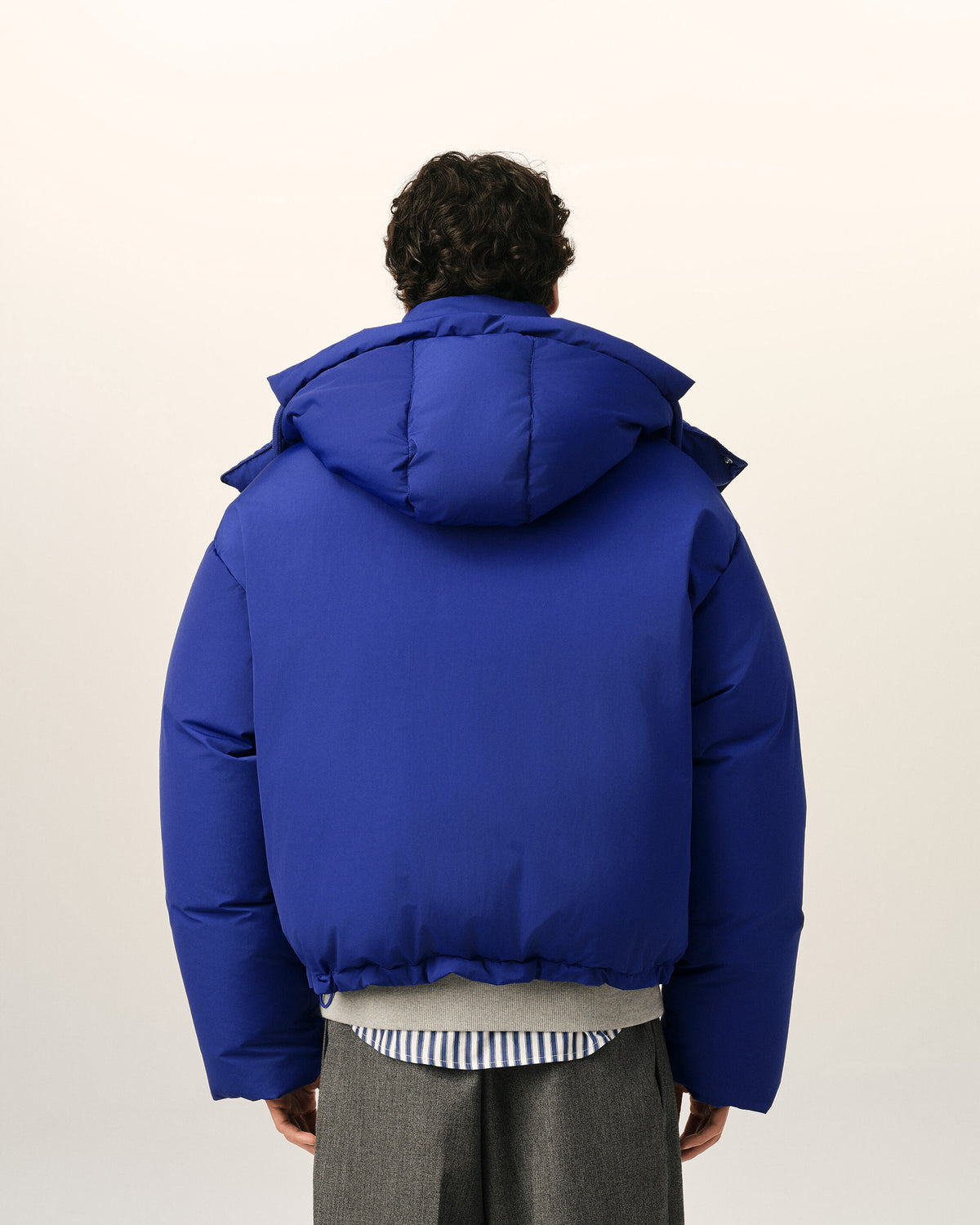 Blue hooded nylon and cotton down jacket with Ami de Coeur - 5
