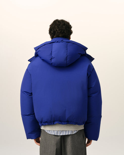 Blue hooded nylon and cotton down jacket with Ami de Coeur - Man - 5 - AMI Paris - Ami Paris