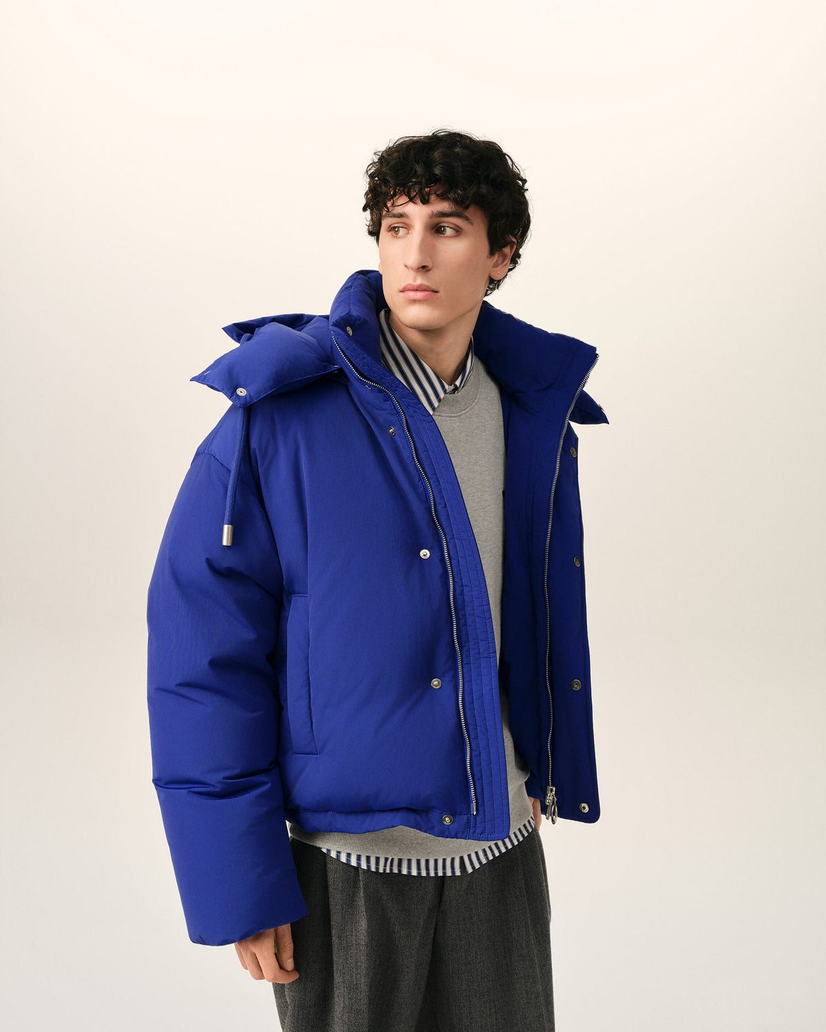 Blue hooded nylon and cotton down jacket with Ami de Coeur - 3