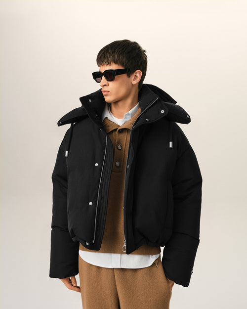Black hooded nylon and cotton down jacket with Ami de Coeur - Man - 3 - AMI Paris - Ami Paris