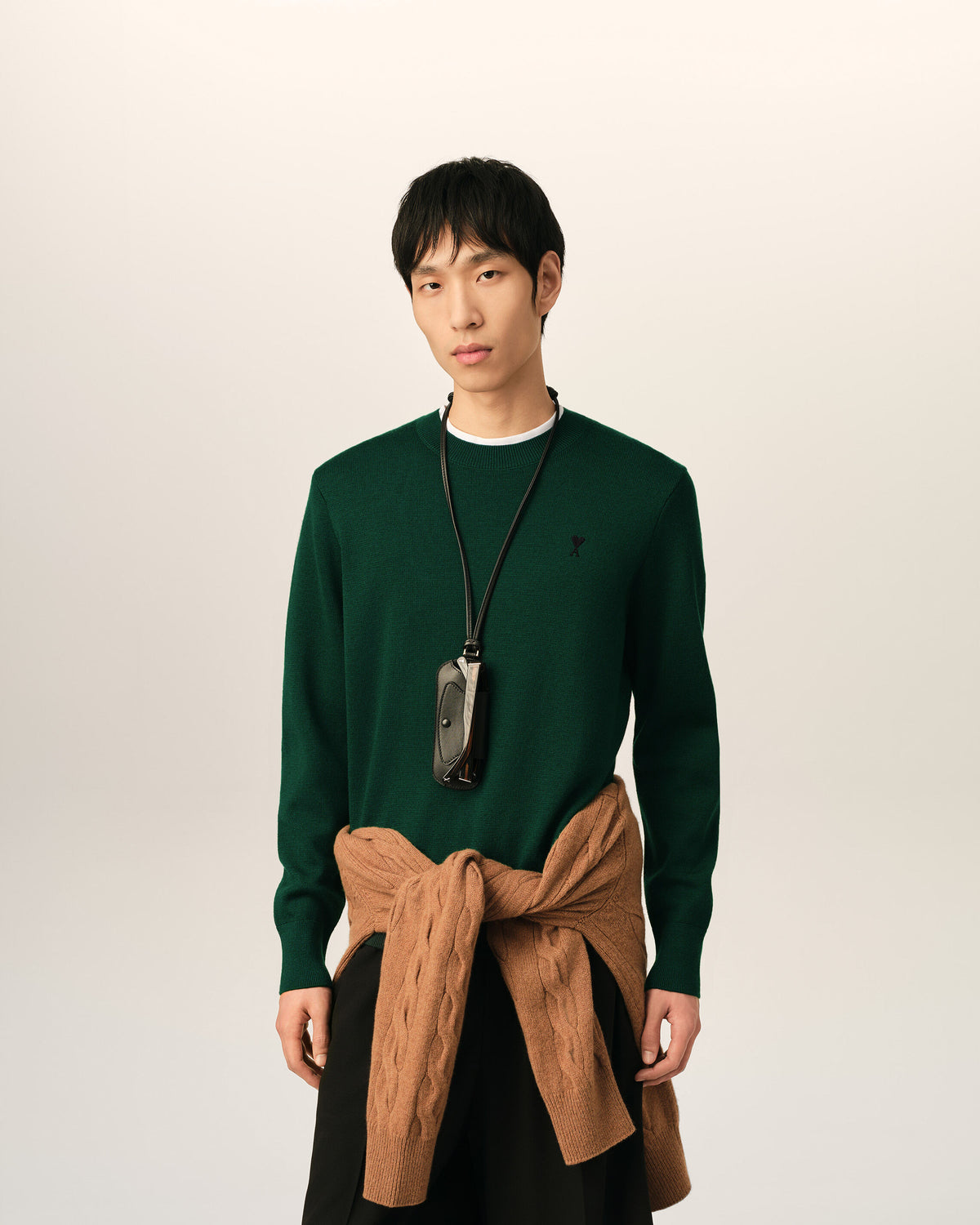 Green crewneck wool sweater with Ami de Coeur - 2