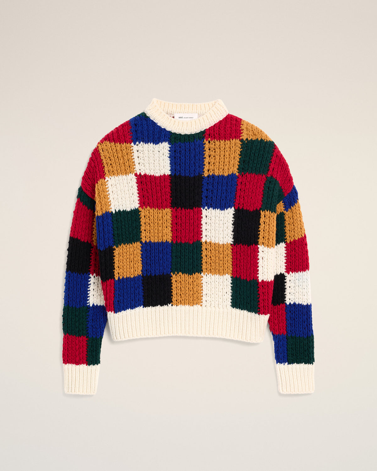 Pull en laine col rond à carreaux multicolores - 1