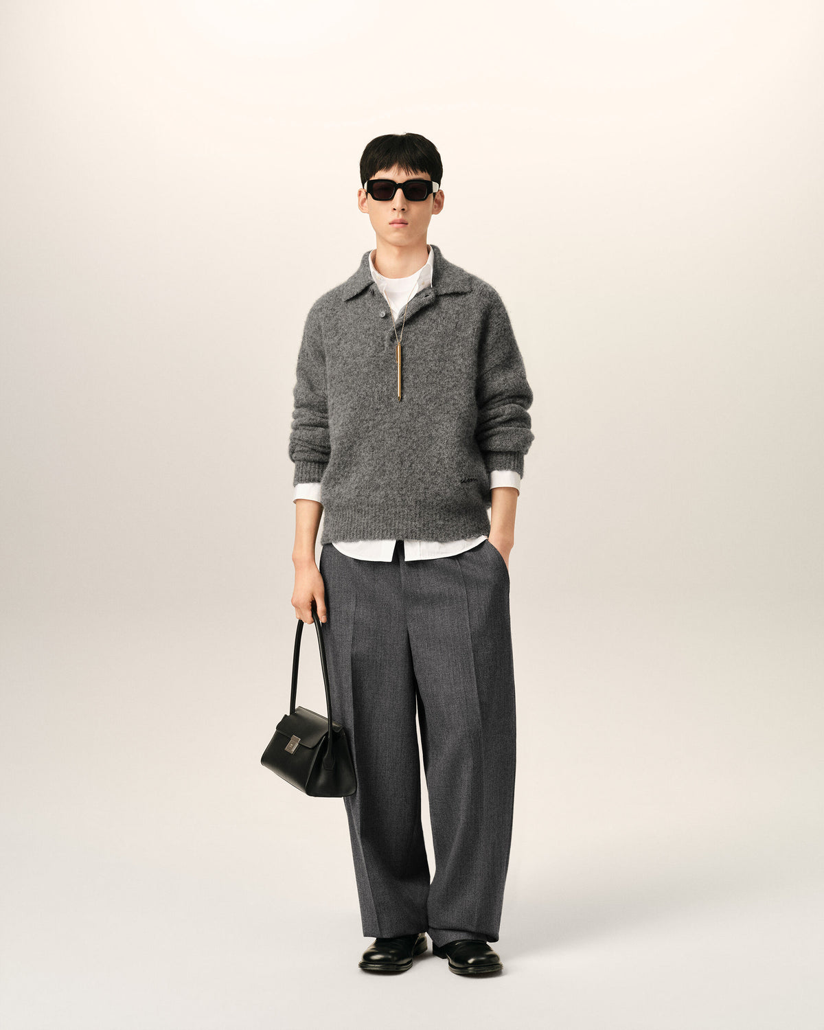 Grey elasticated-waist wool and satin trousers - 2