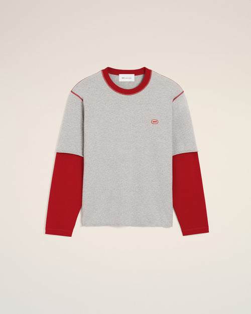 Grey double sleeves cotton t-shirt with Ami patch - 1 - Ami Paris