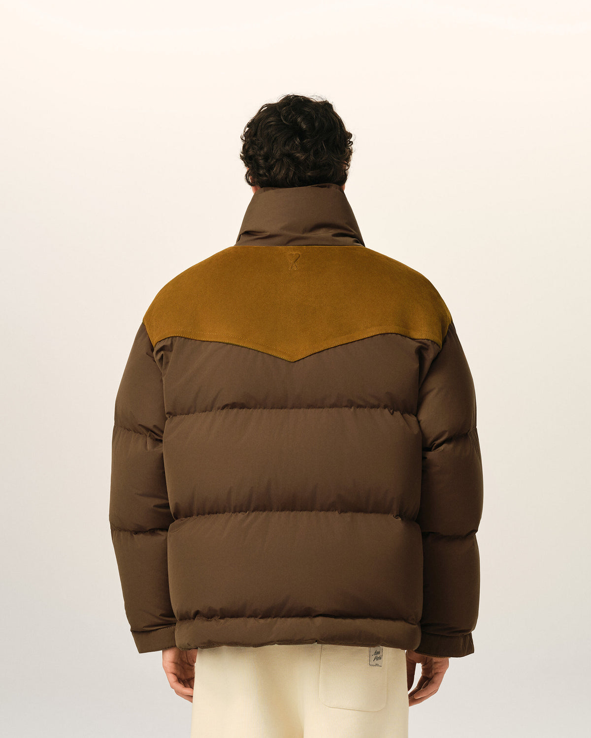 Doudoune marron en nylon et coton avec empiècement en cuir - 5