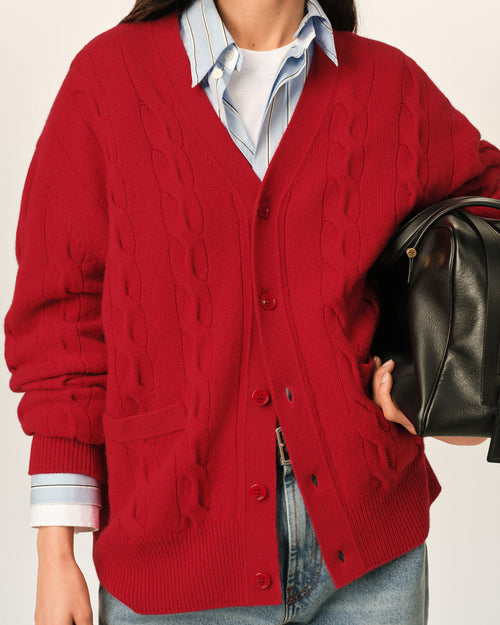 Cardigan in lana rossa a trecce - Donna - 10 - AMI Paris - Ami Paris