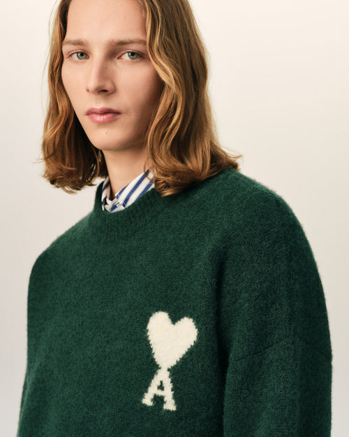 Green crewneck alpaca sweater with Ami de Coeur - Man - 4 - AMI Paris - Ami Paris