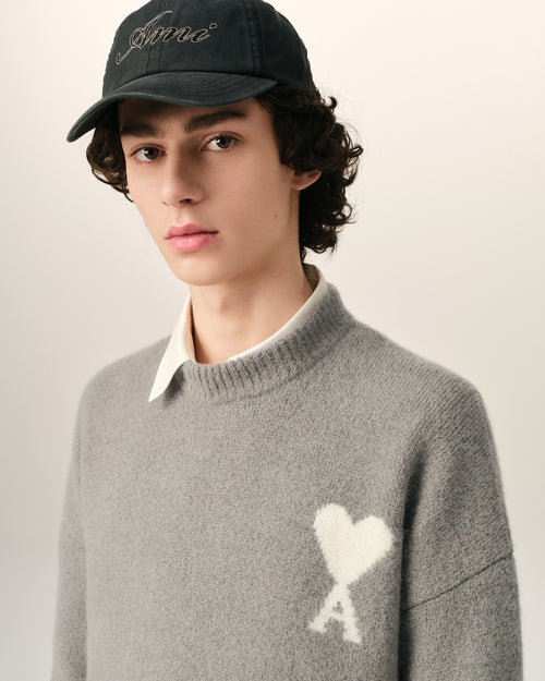Grey crewneck alpaca sweater with Ami de Coeur - Man - 4 - AMI Paris - Ami Paris