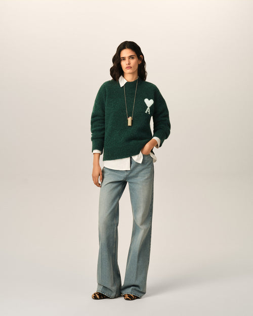 Green crewneck alpaca sweater with Ami de Coeur - Woman - 9 - AMI Paris - Ami Paris