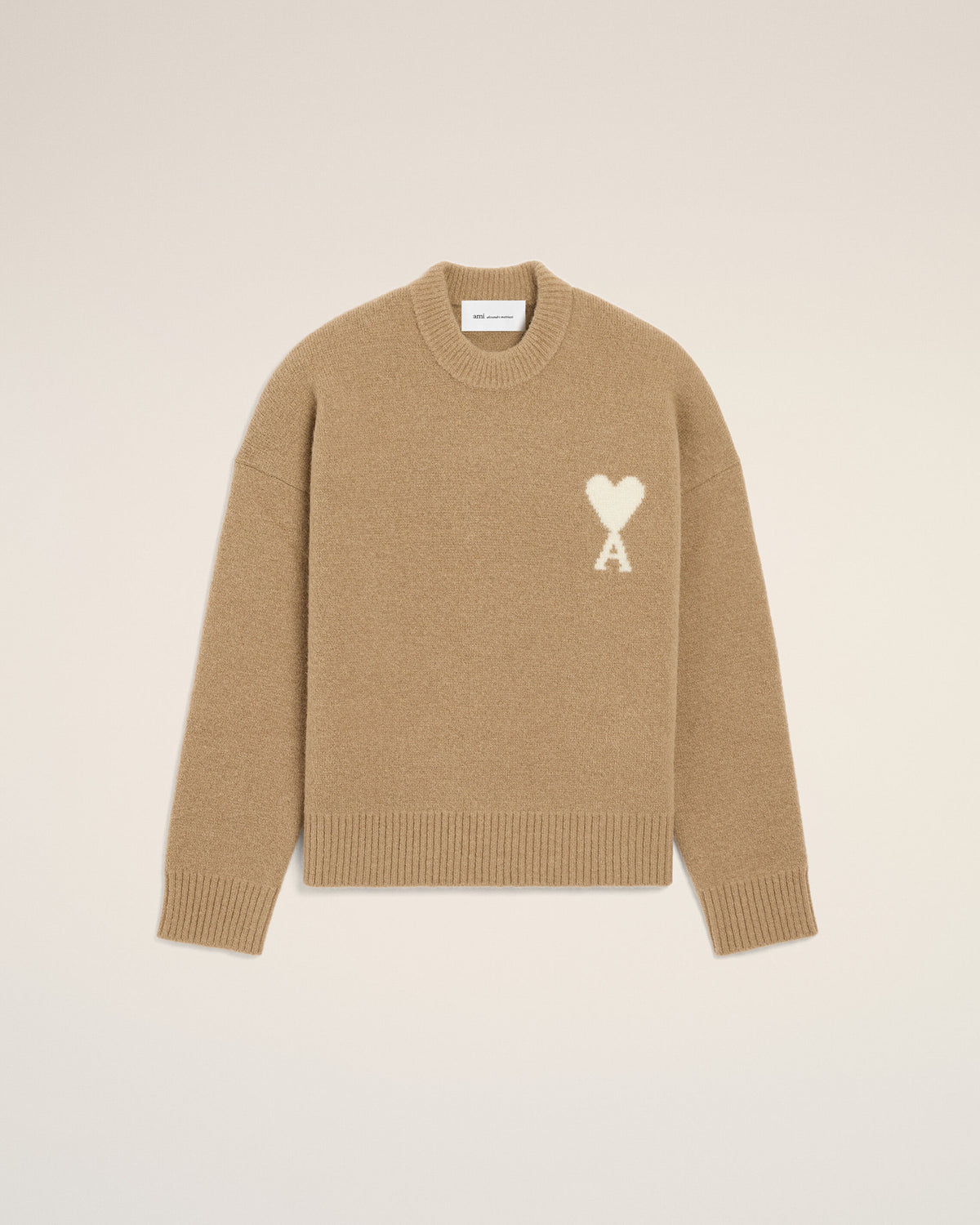 Beige crewneck alpaca sweater with Ami de Coeur - 1