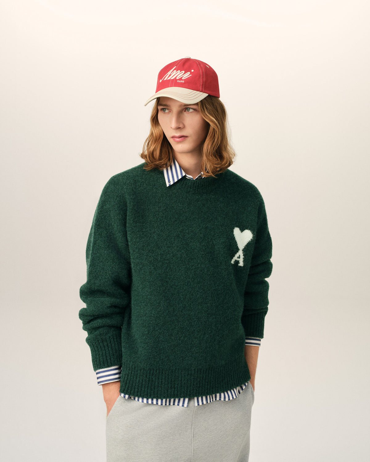 Green crewneck alpaca sweater with Ami de Coeur - 2