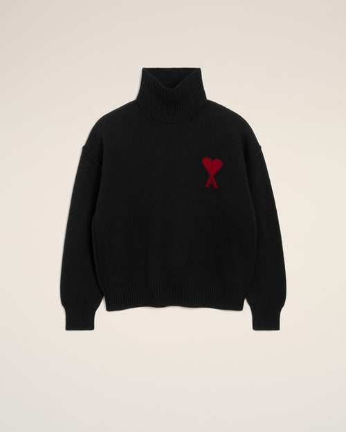 Black funell neck wool sweater with Ami De Coeur - BLACK/RED - Ami Paris