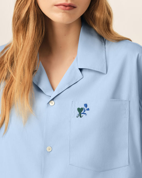 Blue boxy cotton short-sleeve shirt with Ami de Coeur tulip - Woman - 10 - AMI Paris - Ami Paris