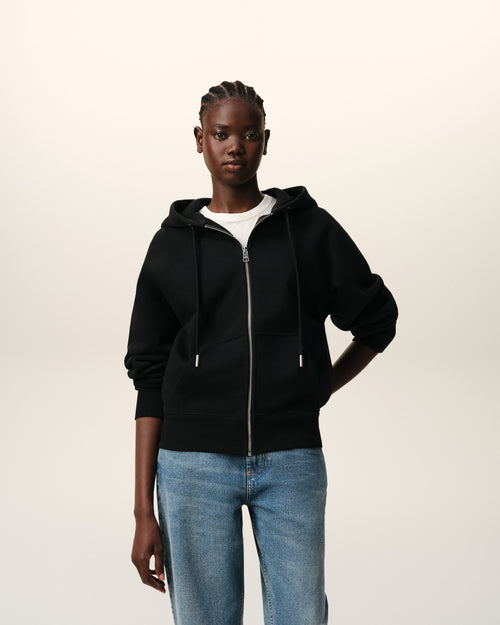 Black Zipped Cotton Hoodie with Embossed Ami De Coeur  - Woman - 8 - AMI Paris - Ami Paris
