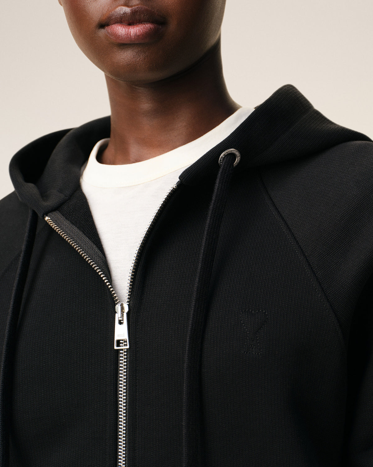 Black Zipped Cotton Hoodie with Embossed Ami De Coeur  - 10