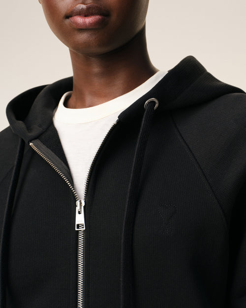 Black Zipped Cotton Hoodie with Embossed Ami De Coeur  - Woman - 10 - AMI Paris - Ami Paris