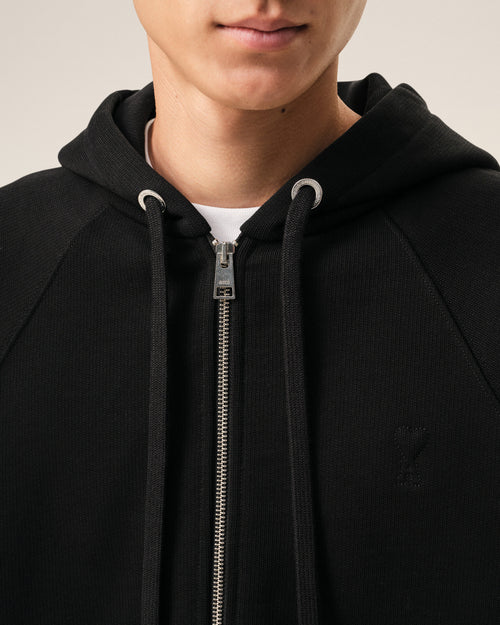 Black Zipped Cotton Hoodie with Embossed Ami De Coeur  - Man - 4 - AMI Paris - Ami Paris