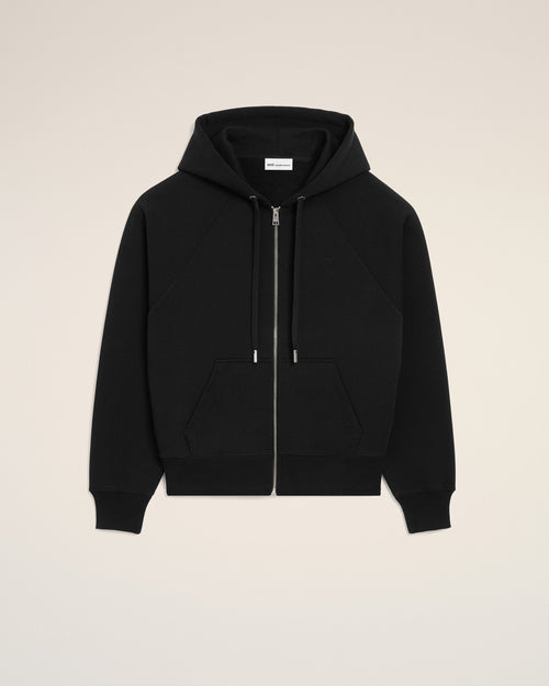 Black Zipped Cotton Hoodie with Embossed Ami De Coeur  - Woman - 7 - AMI Paris - Ami Paris