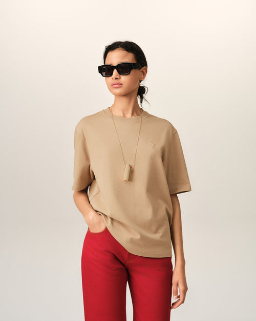 T-shirt in cotone beige con Ami de Cœur goffrato - Donna - 8 - AMI Paris - Ami Paris